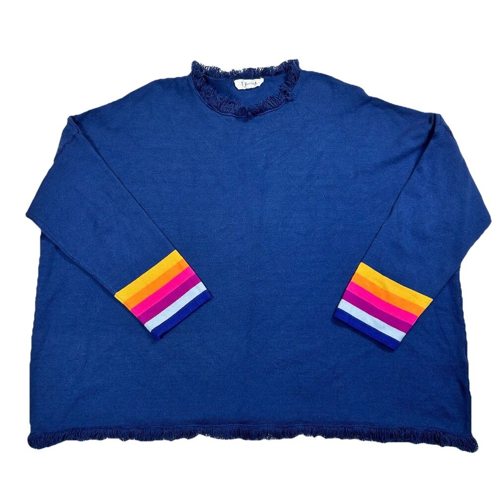 THML Women's Blue Sweater Fringe Neck & Hem Rainbow Stripe Cuff Large Boxy